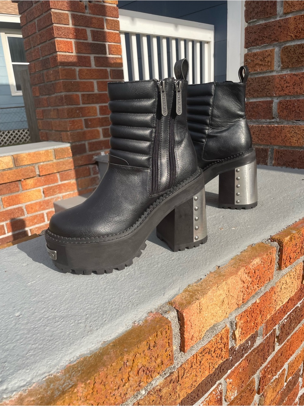 KILLSTAR Black Platform Ankle Boots with Silver Statement Details Heel Size 5